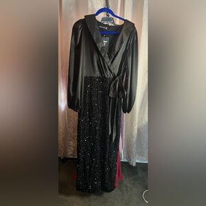 Gray Sequin Wrap Gown with Bishop Sleeves
